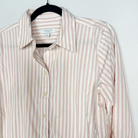 New Ann Taylor Small Pink Cream Weekend Stripe Relaxed Perfect Shirt Long Sleeve - Picture 3 of 10